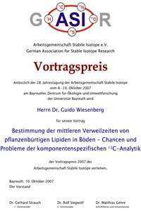 Die Urkunde zum ASI-Vortragspreis 2007 an Guido Wiesenberg