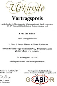 Die Urkunde zum ASI-Vortragspreis 2014 an Ina Ehlers
